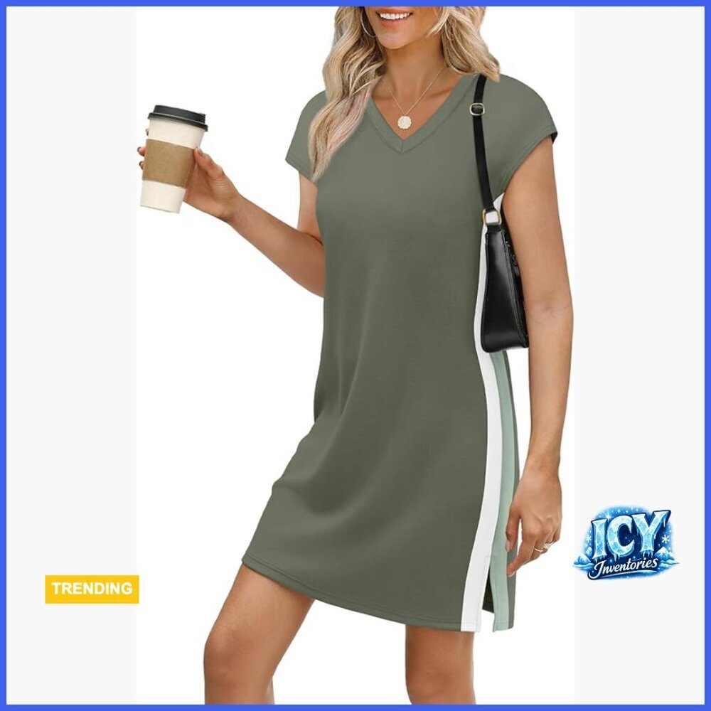 Casual Cap Sleeve Dress with Side Split and Color Block Design
